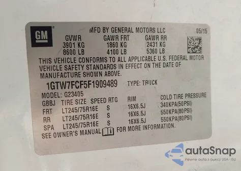 2015 GMC Savana 2500 Work Van из США, поврежденный, VIN 1GTW7FCF5F1909489